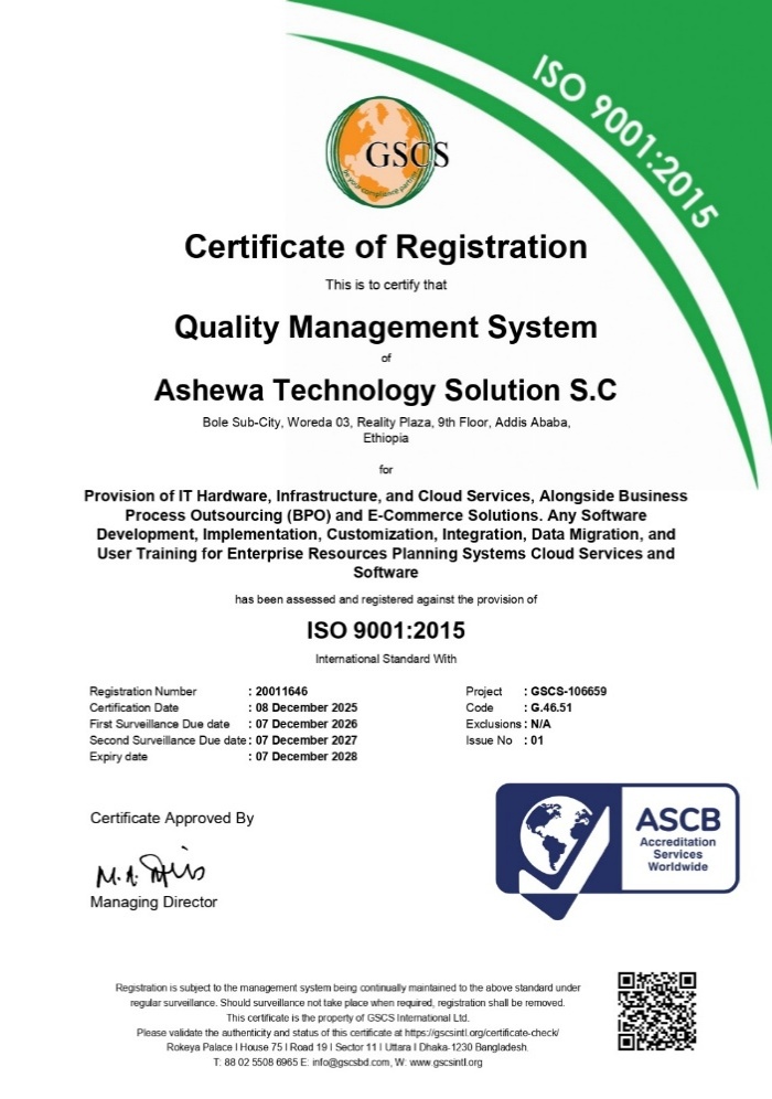 ISO 9001:2015 Certificate of Registration issued by GSCS International to Ashewa Technology Solution S.C, registration number 20011646, valid until 7 December 2028