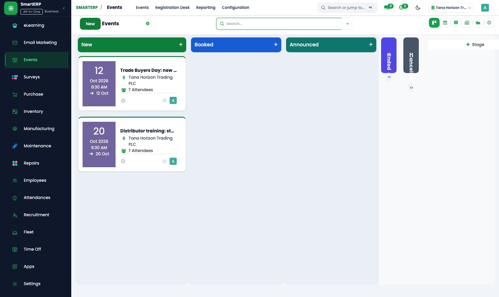 SmartERP Events: Events and registrations