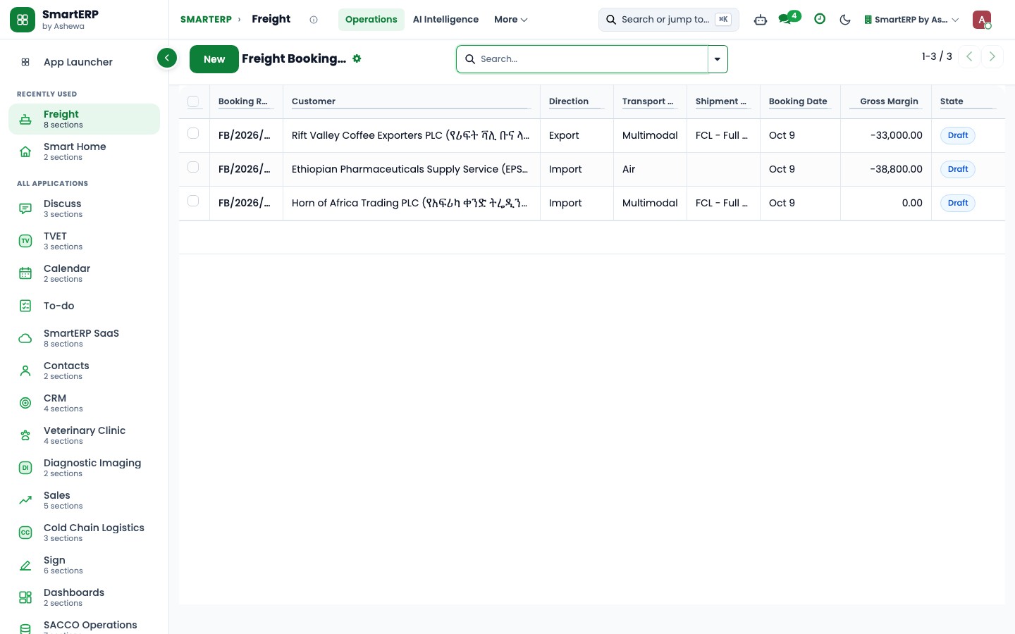 SmartERP Freight & Logistics: Multi-modal freight booking ledger across Ethio-Djibouti and international corridors