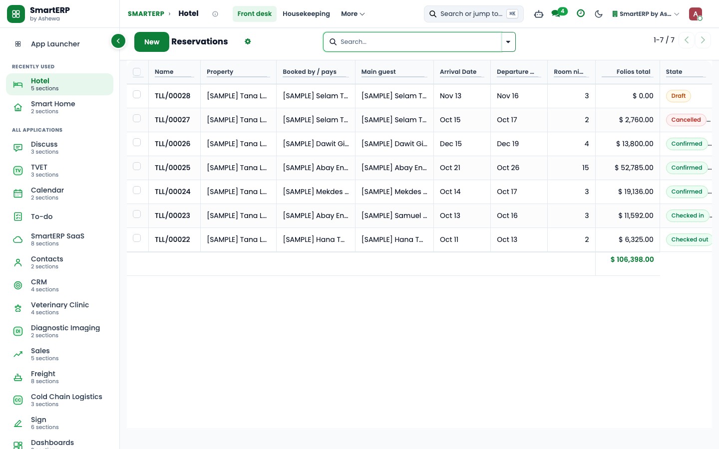 SmartERP Resort PMS: Resort guest reservations and room allocations