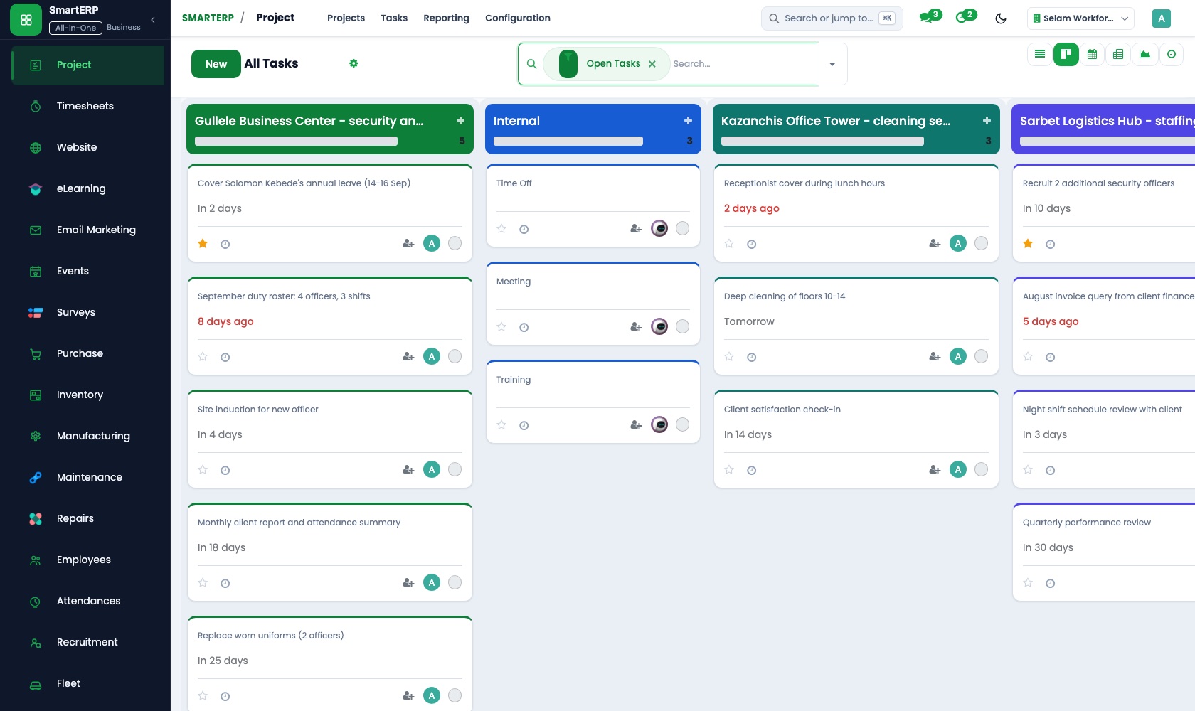 SmartERP Project: Tasks on a project board