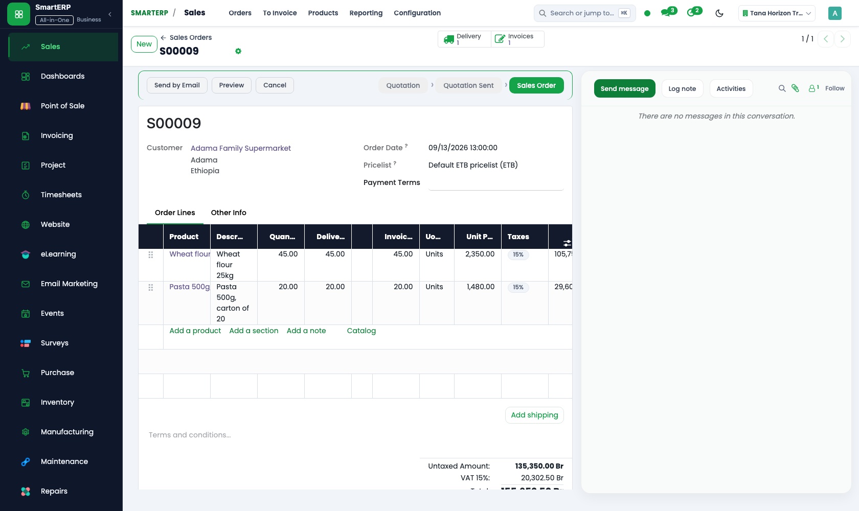 SmartERP Sales: A confirmed sales order with delivery and invoice status