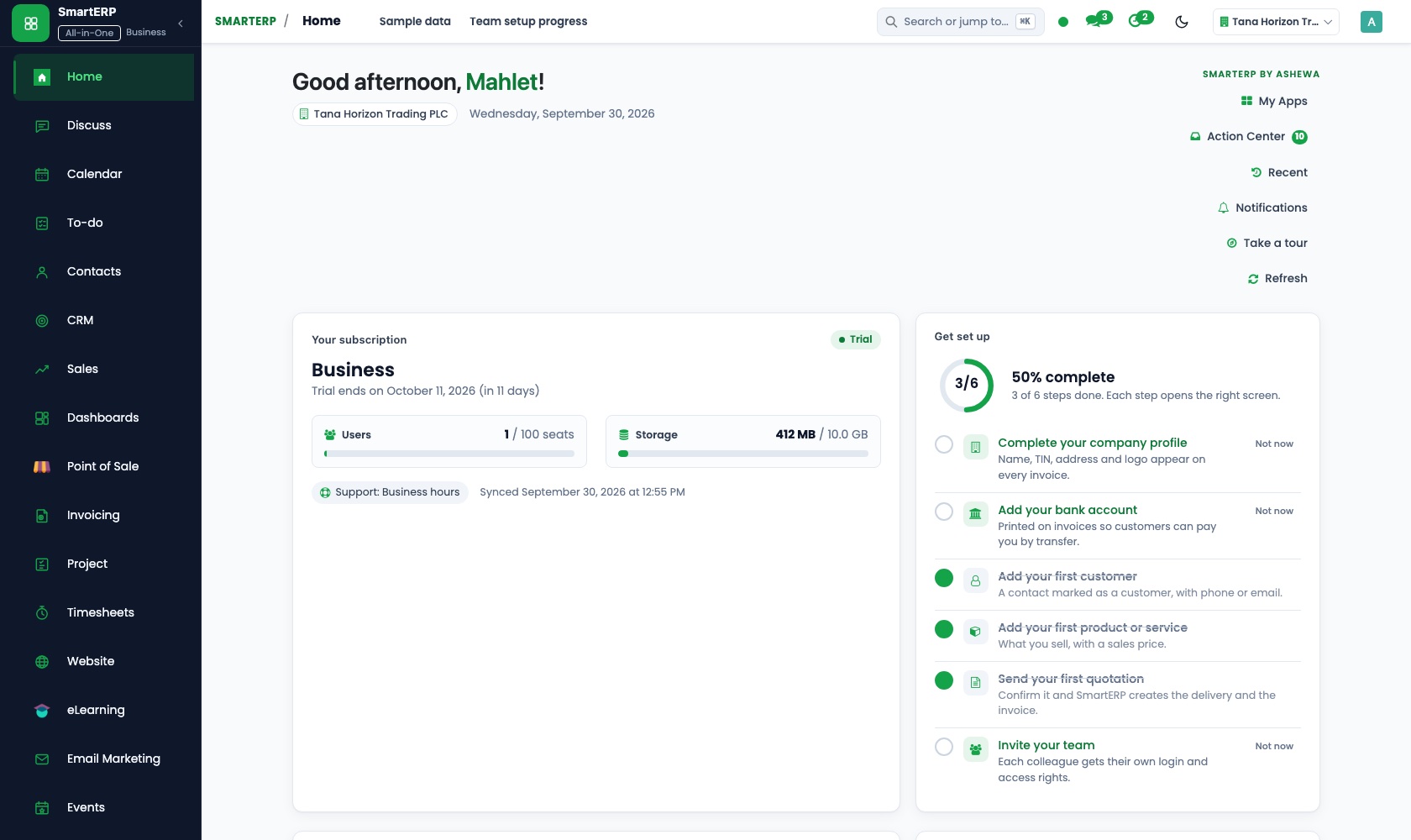 SmartERP Platform: SmartERP home: setup checklist, role cards and quick actions