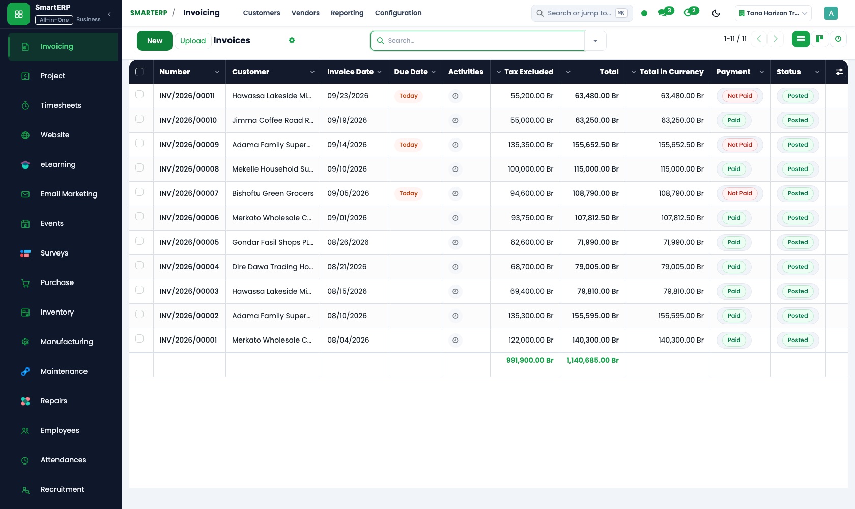 SmartERP accounting: customer invoices with payment status and the accounting menu
