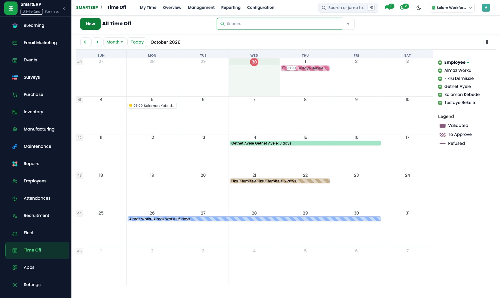SmartERP time off calendar with validated and to-approve leave and legend